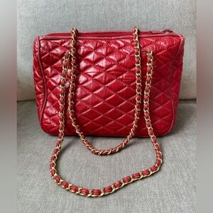Vintage Leather Express Red Quilted Leather Shoulder Bag Gold Chain Straps